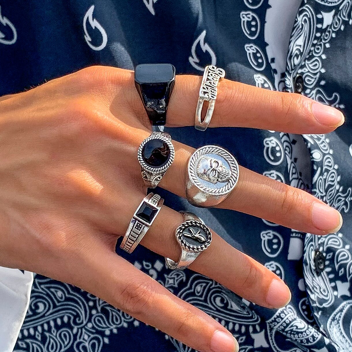 Vintage Punk Knuckle Rings Set - ชุดแหวนสีเงินโบราณหัวกะโหลกแนววินเทจ6ชิ้น/เซ็ตชุดเครื่องประดับสำหรับผู้ชายสไตล์พังก์แกะสลักบนข้อนิ้วสไตล์พังก์
