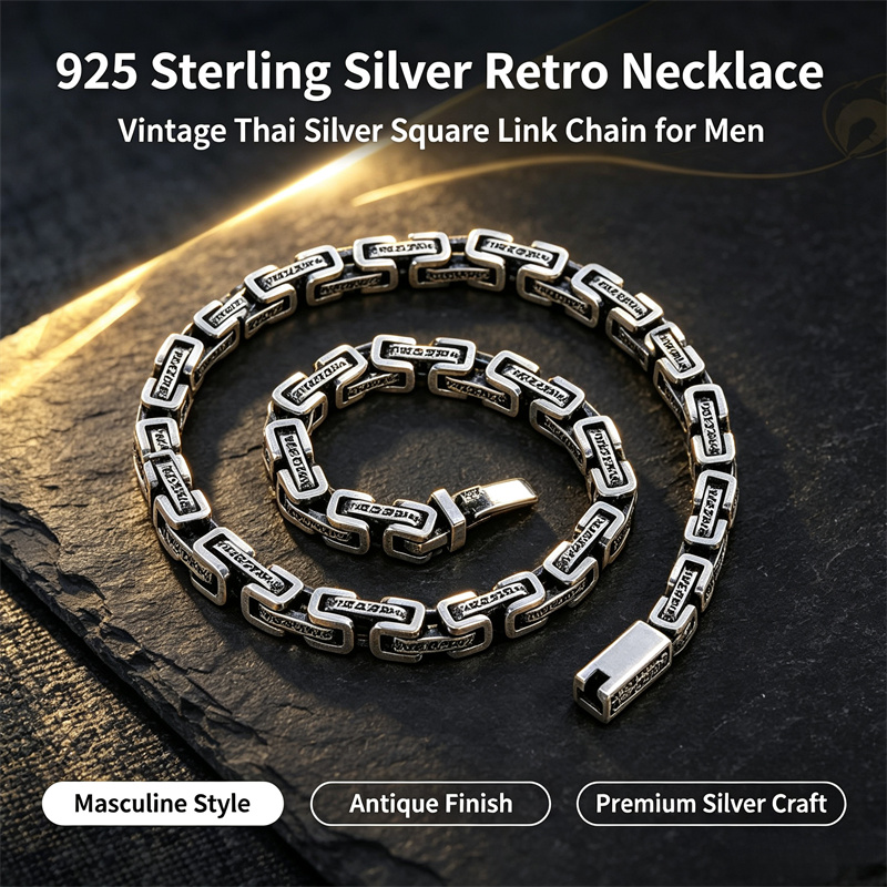 925 Sterling Silver Chain Necklace Men - OUYADI สร้อยคอเงินแท้ 925 สไตล์วินเทจแบบไทย ดีไซน์โซ่สี่เหลี่ยมสำหรับผู้ชาย