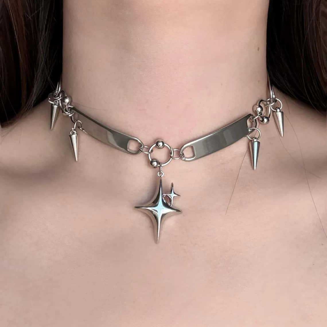 Goth Punk Spike Choker - สร้อยคอแบบมีหมุดสไตล์พังก์, เครื่องประดับแนวร็อค, เครื่องประดับ Y2K, สไตล์ฮิปปี้, สไตล์โกธิค,