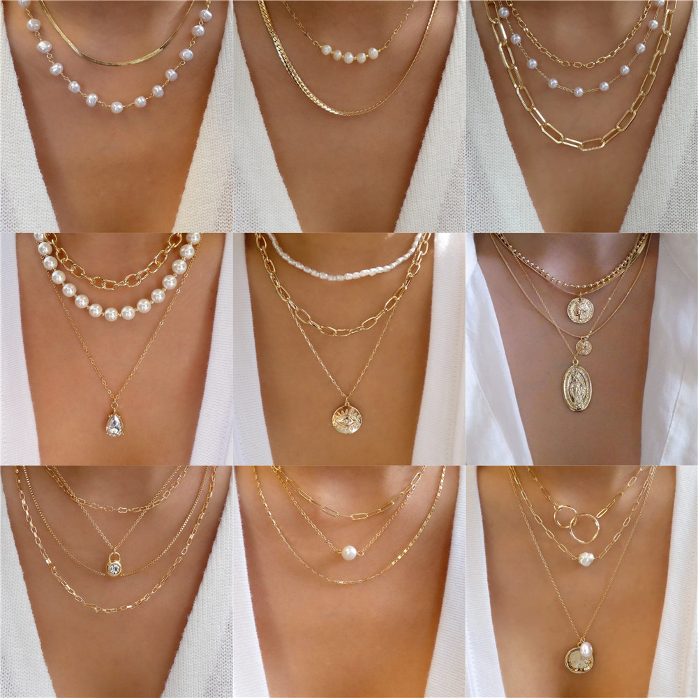 Pearl Choker Necklace Vintage - สร้อยคอคริสตัลทรงเรขาคณิตแผ่นทองทันสมัยสร้อยคอหลายชั้นสำหรับผู้หญิงสร้อยคอมุกไม่สมมาตรแนววินเทจของขวัญเครื่องประดับ