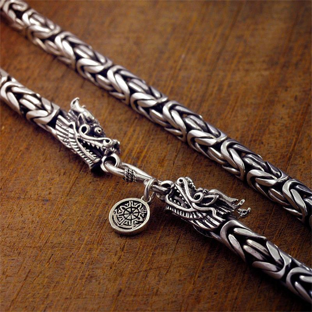 925 Sterling Silver Chain Necklace Men - OUYADI สร้อยคอแฟชั่นผู้ชายเงินแท้ 925 สไตล์วินเทจ หัวมังกรรมดำ พร้อมสายโซ่ถักหนา