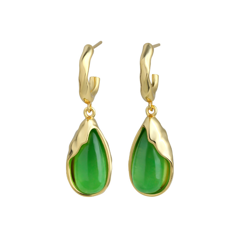 Earrings - ต่างหูหยดน้ำหยกแท้สีเขียว ของขวัญเครื่องรางสำหรับผู้หญิง หินนำโชค ต่างหูสตั๊ดหรูหรา ดีไซน์วินเทจนำโชค