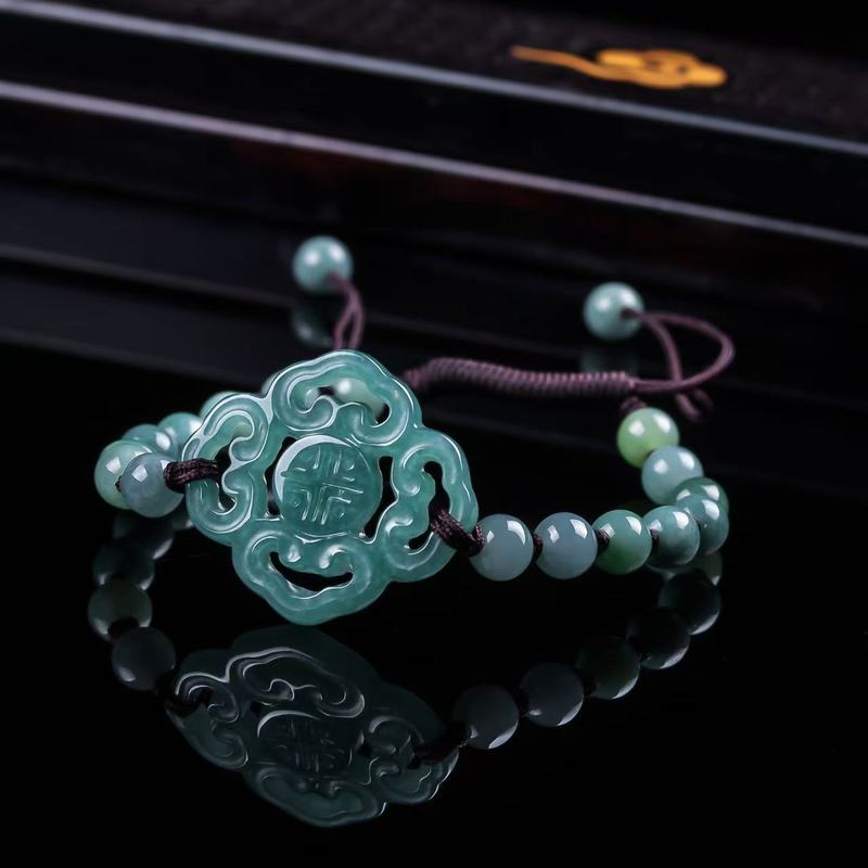 Bracelets - กำไลหยกแท้เกรด A ดีไซน์ดั้งเดิม แฟชั่นลูกปัดทรงกลมสีน้ำเงินน้ำแข็ง สำหรับผู้ชายและผู้หญิง