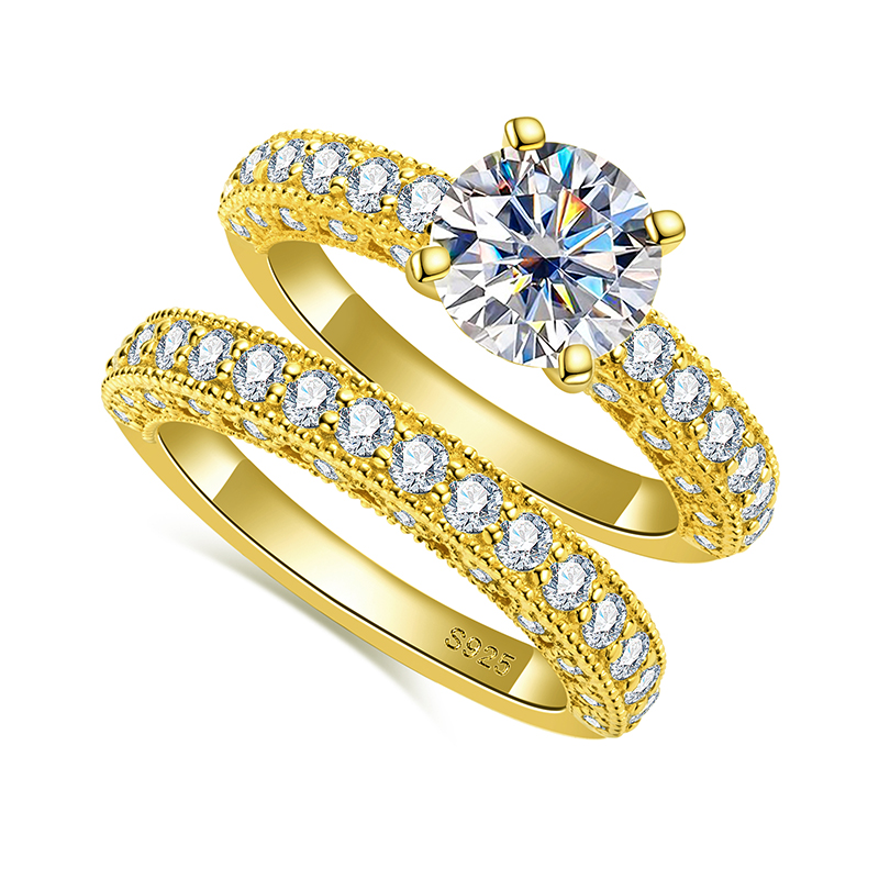 Moissanite Engagement Ring 1 Carat - ชุดแหวนสำหรับผู้หญิง เงินแท้ 925 1 กะรัต มอยส์ซาไนต์สีทอง