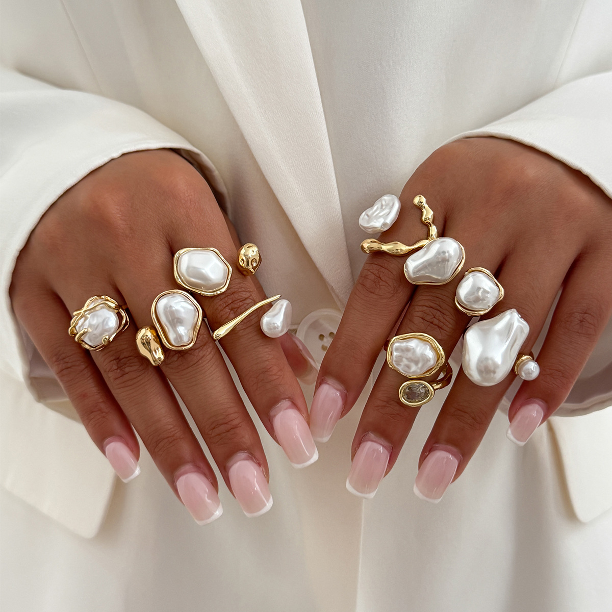Vintage Punk Knuckle Rings Set - แหวนเปิดประดับมุกเทียมสีทอง 7 ชิ้น/ชุด สำหรับผู้หญิง แหวนข้อต่อรูปทรงเรขาคณิตประดับคริสตัลลายดอกไม้สไตล์วินเทจ