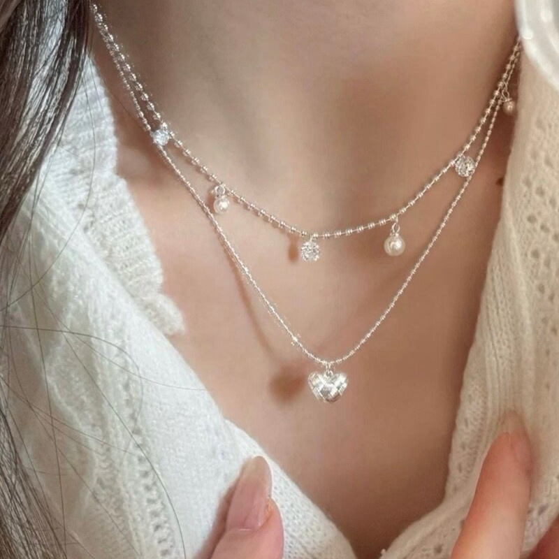 Layered Pendant Necklace Aesthetic - สร้อยคอชุบเงินสองชั้นประดับจี้รูปหัวใจถักเล็กๆ สร้อยคอแบบซ้อนชั้น ดีไซน์สวยงาม สร้อยคอแบบหวานๆ สไตล์สาวหวาน