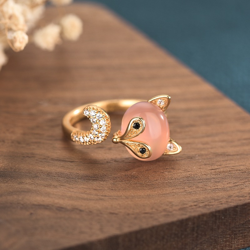 Rings - แหวนหยกธรรมชาติสีชมพูรูปสุนัขจิ้งจอก เครื่องประดับแท้ ของขวัญสำหรับผู้หญิง แหวนปรับขนาดได้ วินเทจ เสริมโชคลาภ