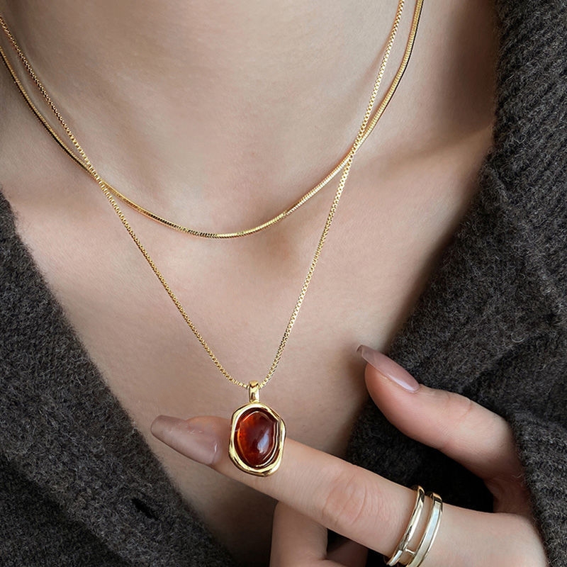 Layered Pendant Necklace Aesthetic - แฟชั่น Vintage Double Layer หินธรรมชาติจี้สร้อยคอผู้หญิง Golden