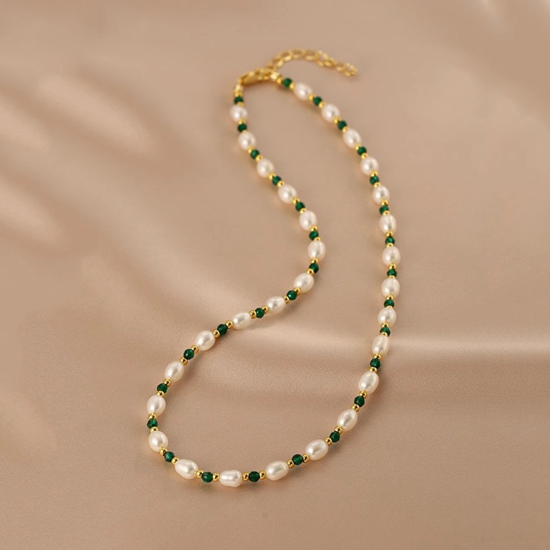 Pearl Choker Necklace Vintage - มินาร์ ดีนตี้ กรีน คัลเลอร์ กลาส บีดส์สร้อยคอประดับมุกน้ำจืดสำหรับผู้หญิง