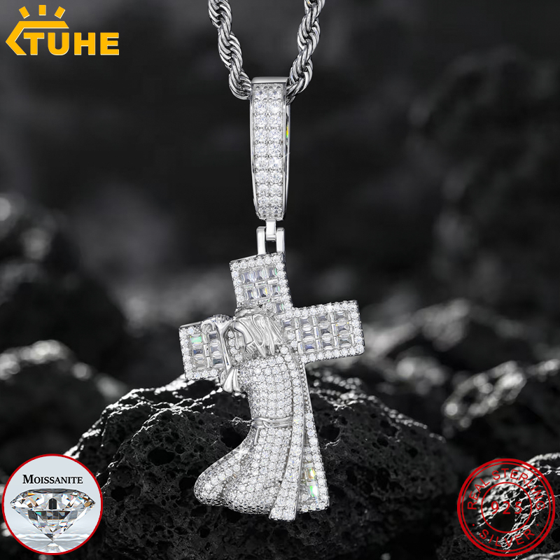 925 Sterling Silver Chain Necklace Men - จี้พระเยซูรูปกางเขน TUHE เงินแท้ 925 ประดับเพชรโมอิสซาไนต์ สไตล์ฮิปฮอป
