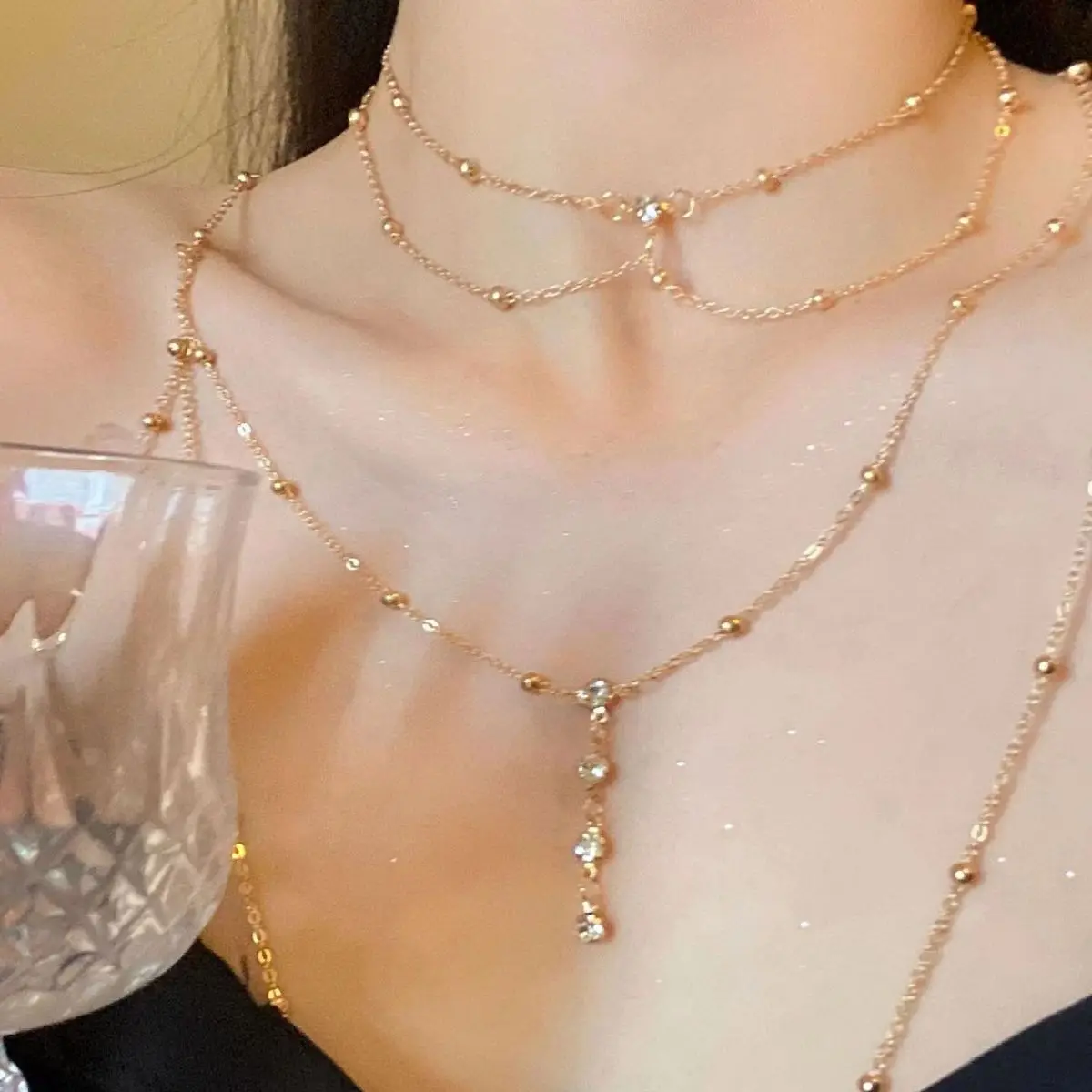 Layered Pendant Necklace Aesthetic - โซ่ประดับพลอยเทียมเป็นประกายหลายชั้นเพื่อความสวยงามเซ็กซี่สำหรับบิกินี่จี้สร้อยคอเครื่องประดับร่างกายบริเวณหน้าอกฤดูร้อน