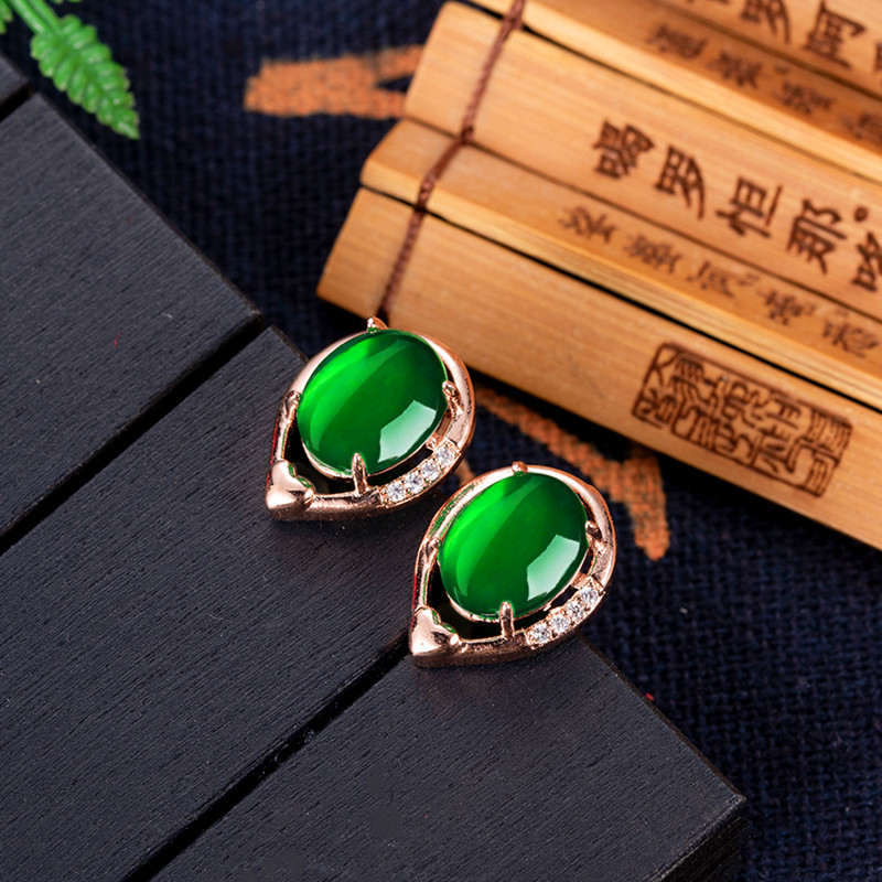 Earrings - ต่างหูหยกธรรมชาติรูปดอกไม้หินต่างหูแบบสตั๊ดเครื่องรางชุบทองคำสีกุหลาบเครื่องประดับแท้ดีไซน์วินเทจ