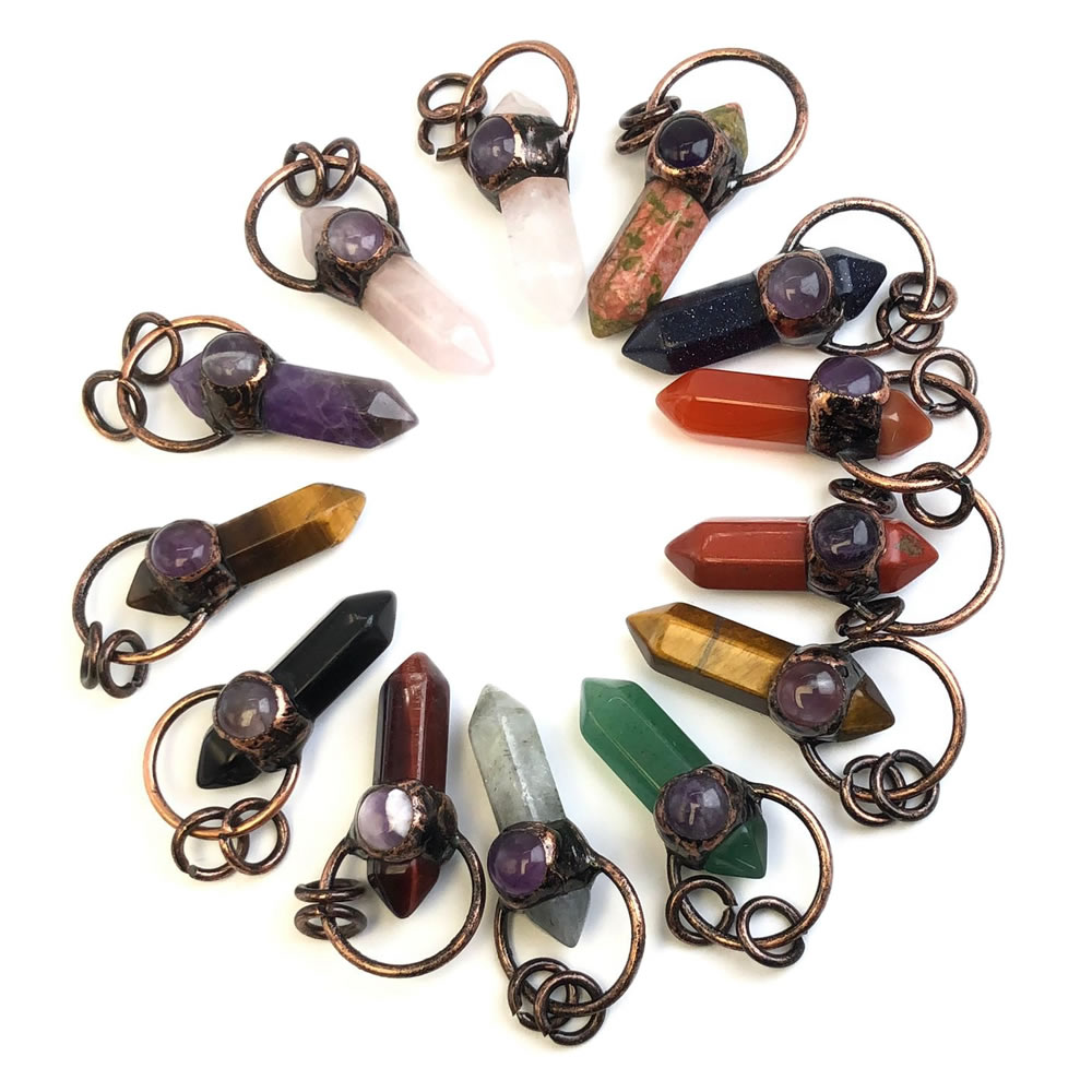 Crystal Pendant Necklace Natural Stone - จี้คริสตัลควอตซ์หินธรรมชาติสำหรับสร้อยคอ จี้ทรงหกเหลี่ยมทองแดงโบราณ อุปกรณ์เสริมสำหรับทำเครื่องประดับ DIY