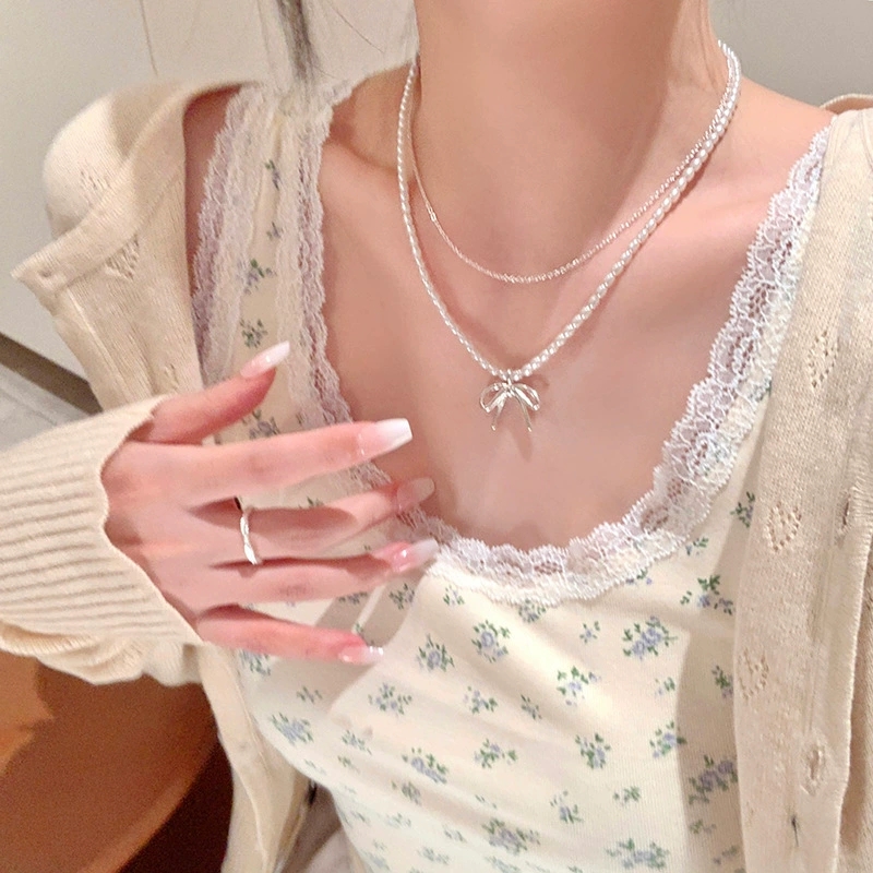 แฟชั่นวินเทจโบว์โบว์ประดับมุก  - Layered Pendant Necklace Aesthetic บทวิจารณ์และราคา