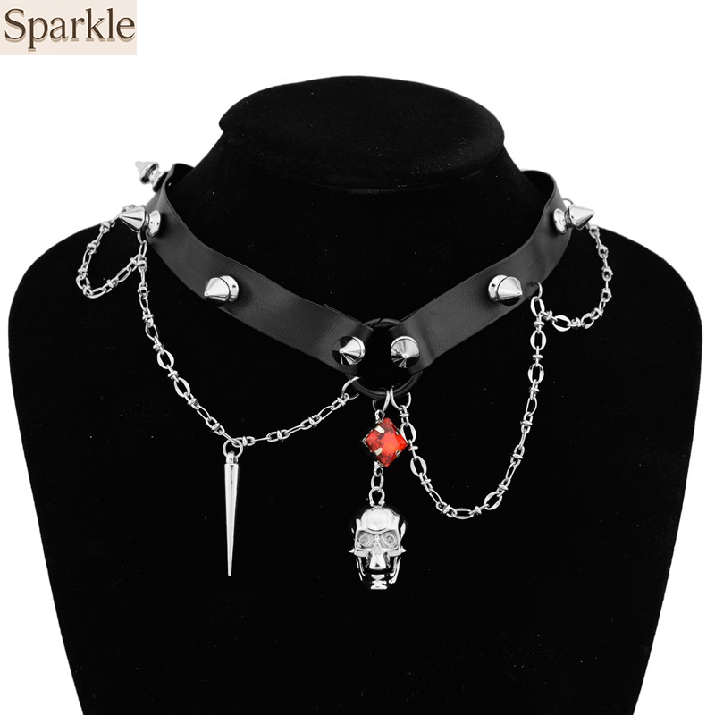 สร้อยคอหนังรูปหัวกะโหลกสีดำ สไ - Goth Punk Spike Choker บทวิจารณ์และราคา