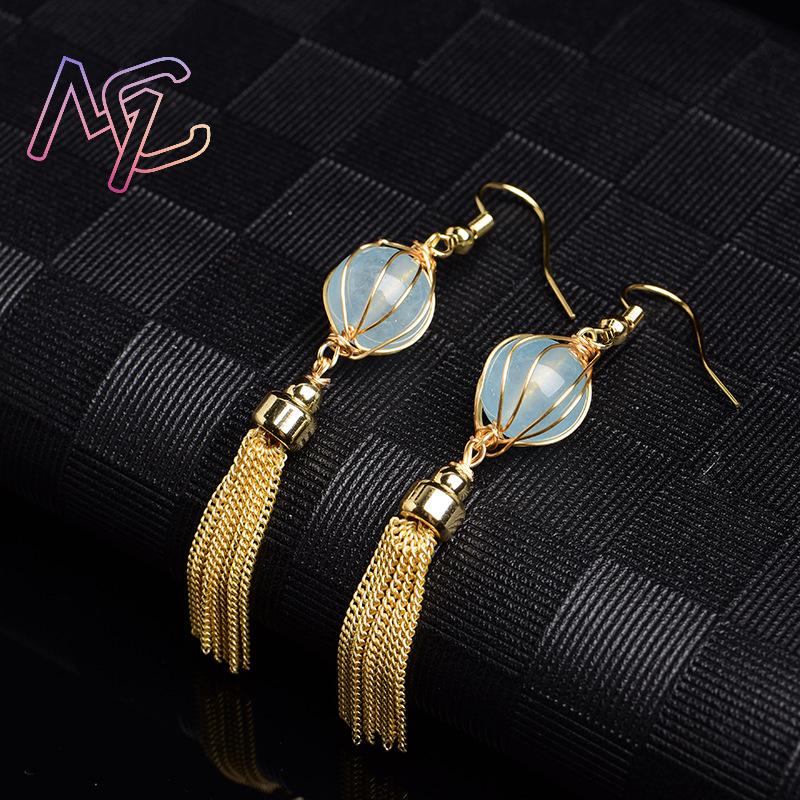 ต่างหูลูกปัดหยกธรรมชาติสีน้ำเง - Earrings บทวิจารณ์และราคา